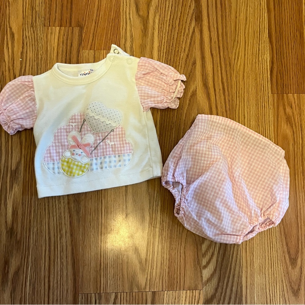Vintage Baby Pink Bunny with Gingham Shirt & Diaper Cover Set